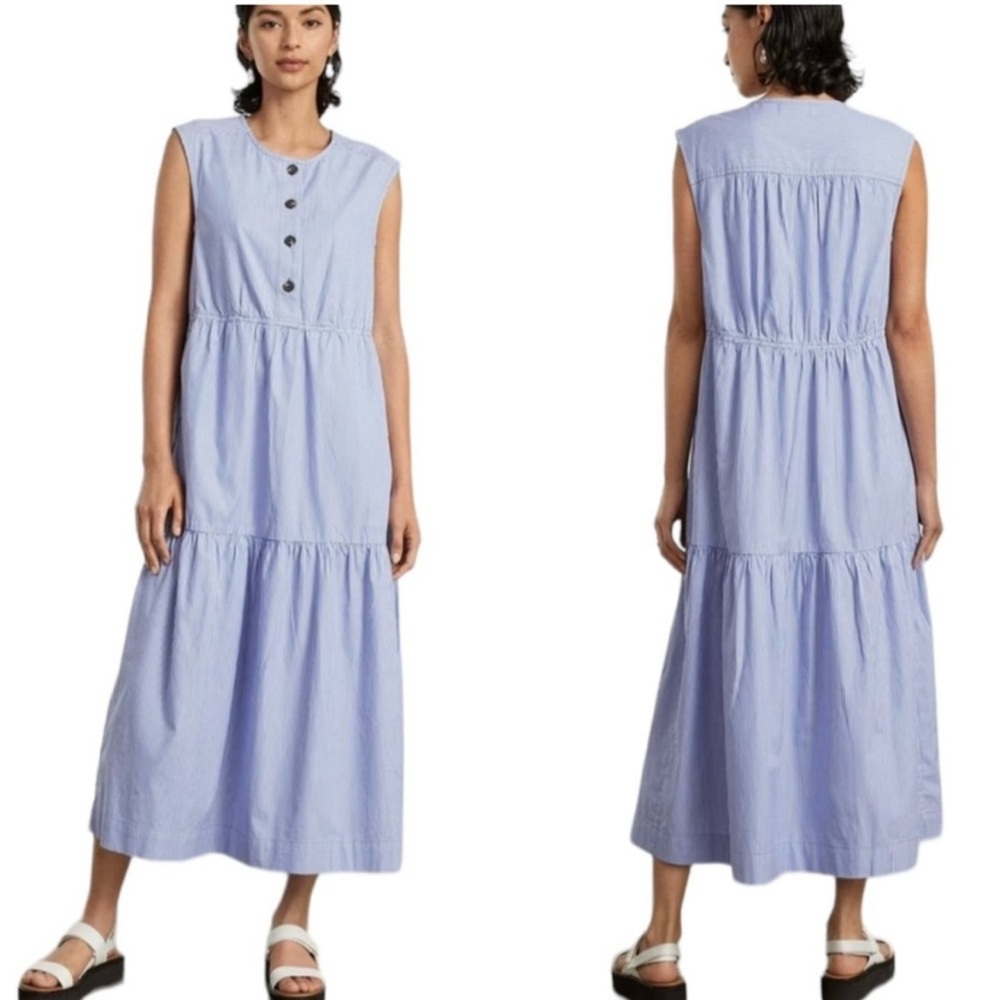 Everlane The Tiered Midi Dress Blue White Cotton